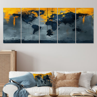 Jaune, jaune, carte du monde, aire de jeux Silhouette III - carte du monde, art mural sur toile