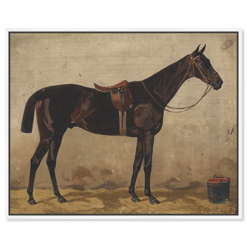 Brauner Im Stall Farm Animals by Emil Volkers - on Canvas, White Framed Canvas, 17" H x 20" W
