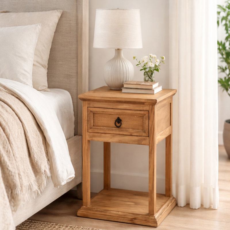 Willow Creek Transitional Nightstand with Drawer Storage in Honey Finish, Beige
