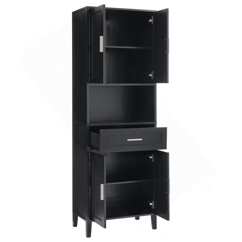 Grande armoire autoportante de 70,9 po de hauteur avec tiroir, 2 armoires, 4 portes à fermeture en douceur, 2 tablettes réglables, rangement ouvert, pour la salle de bain, le salon, la salle de lavage
