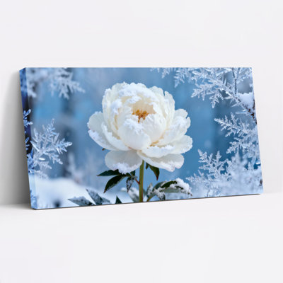 Ensemble de 1 tableau sur toile tendue représentant une pivoine et des flocons de neige, thème hivernal.