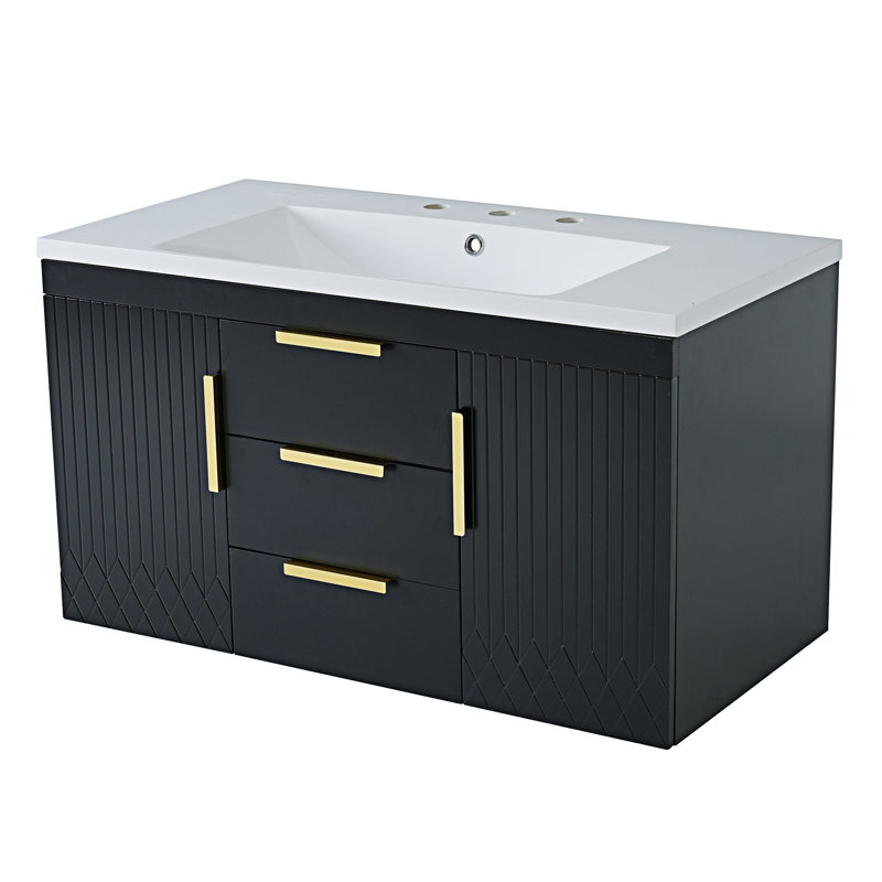 Meuble-lavabo mural flottant avec tiroirs, Noir