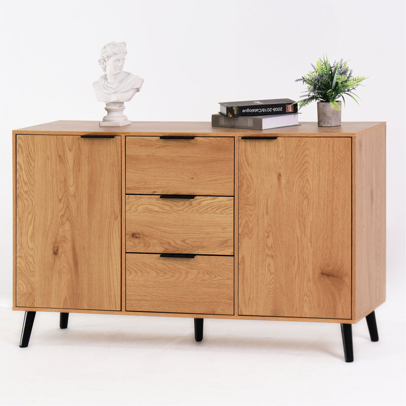 Buffet de rangement pour cuisine, armoire 47,2 po avec 3 tiroirs et 2 portes, couleur bois naturel et rangement fonctionnel pour bar à café, buffet, coloriage, silencieux
