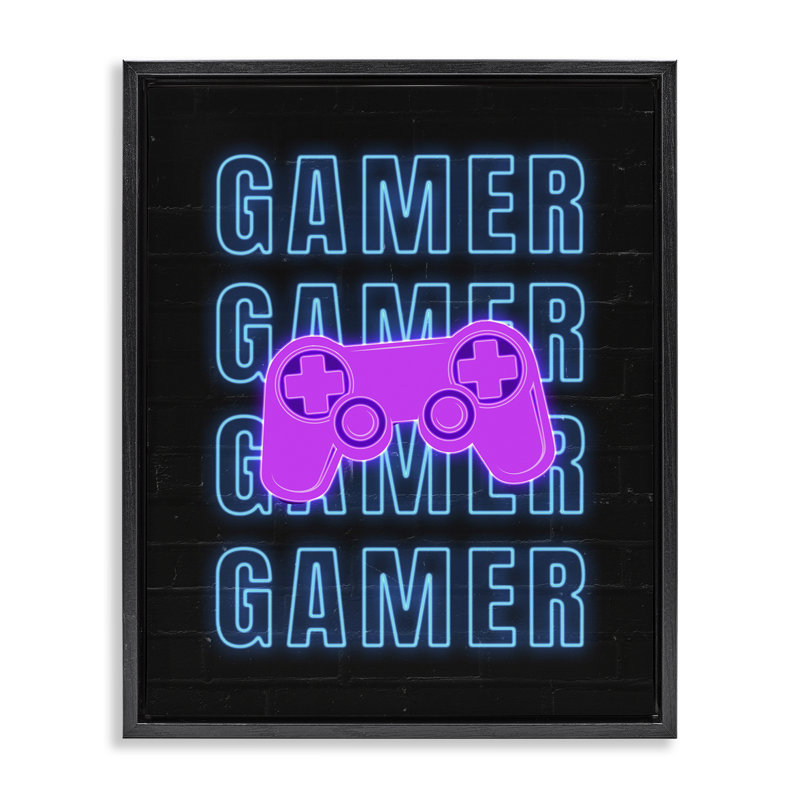 «Neon Gamer Words», art mural encadré par Nina Blue, Cadre flottant noir de jais, H 31 po x l 25 po