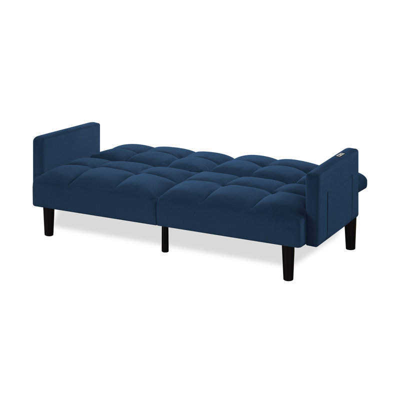 Velvet Futon Couch Convertible Folding Sofa Bed Tufted Couch For Apartment, Navy Blue