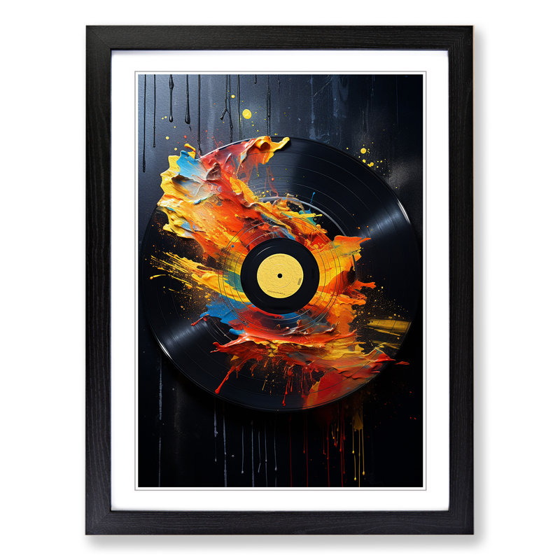 XYZ-FRM-V1223-1668 Vinyl Record Tachisme No.2 - Single Picture Frame Print on Wood, 46cm H x 34cm W x 2cm D, Black