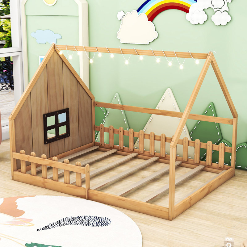 Arbnor Full Size Wooden House Bed with LED Lights and Safety Fence, Natural