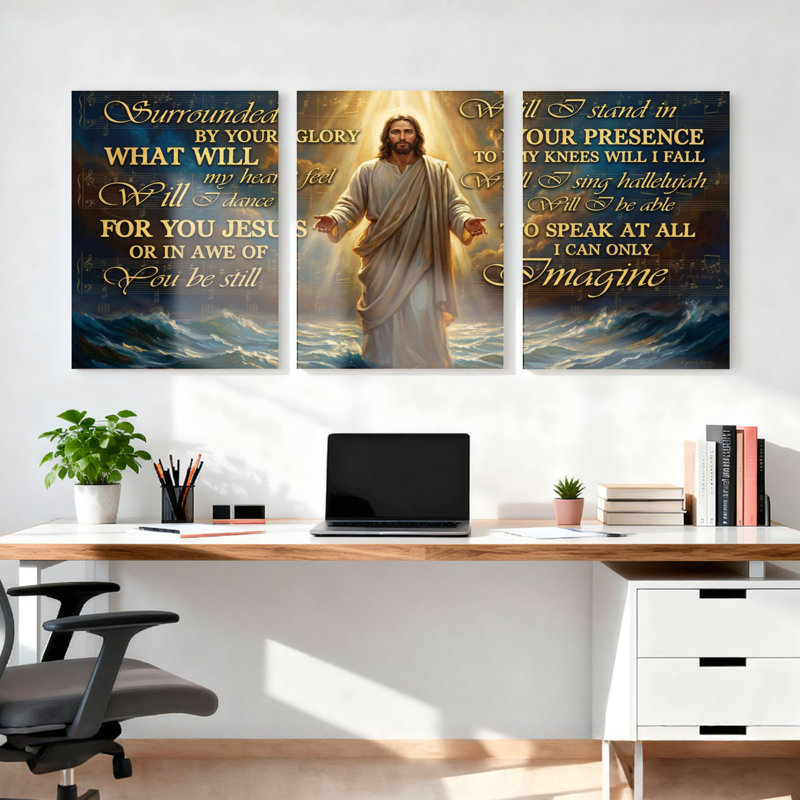 Ensemble de 3 toiles murales représentant Jésus-Christ debout sur l'eau avec des citations inspirantes, pour salon, chambre ou église.