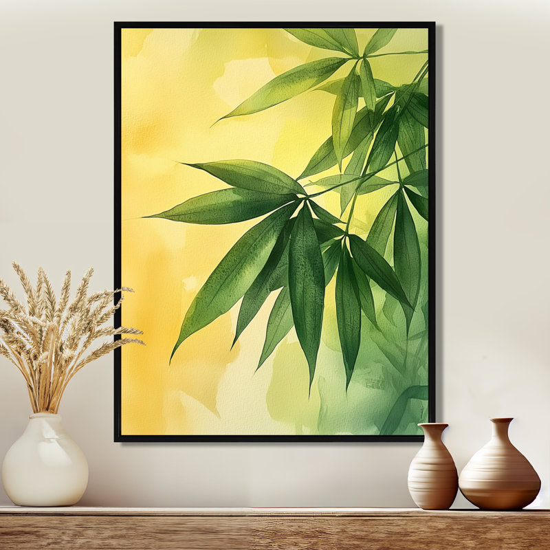 Cohe vert jaune feuilles de bambou en Afrique II - feuilles, art mural, H 20 po x l 12 po, Reproduction avec cadre flottant