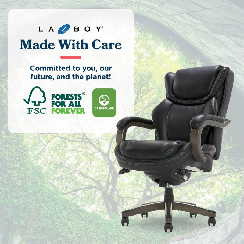 Grand et haut fauteuil de bureau La-Z-Boy Harnett, fauteuil ergonomique à haut dossier avec accoudoirs en bois massif, coussins ComfortCore avec mousse à mémoire de forme, cuir reconstitué