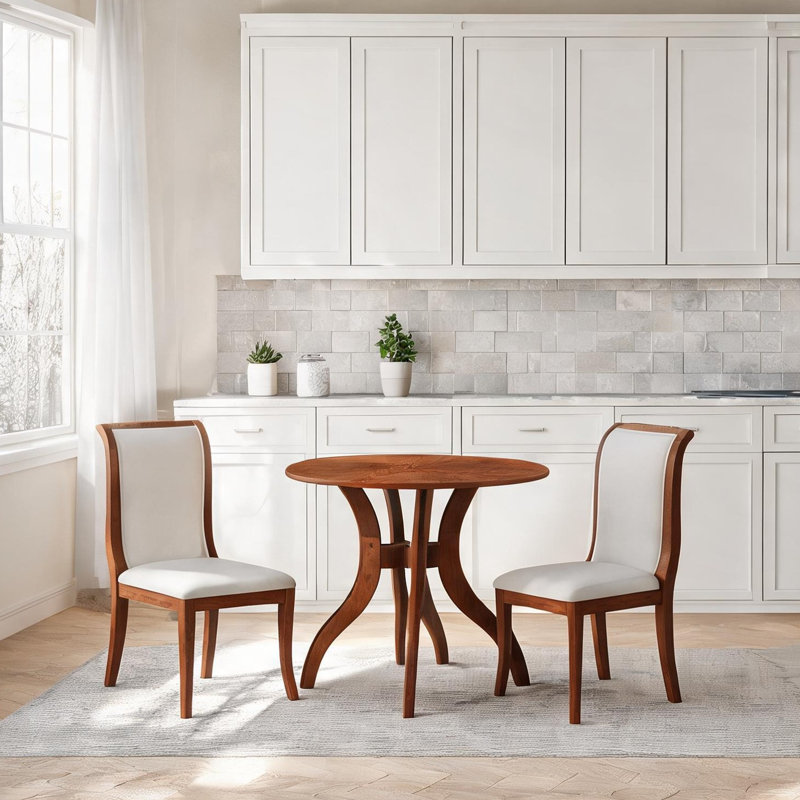 Ensemble de table de salle à manger en bois massif avec 2 chaises, plateau en placage de noyer, 39,4 pouces, sièges blanc pur pour des repas confortables