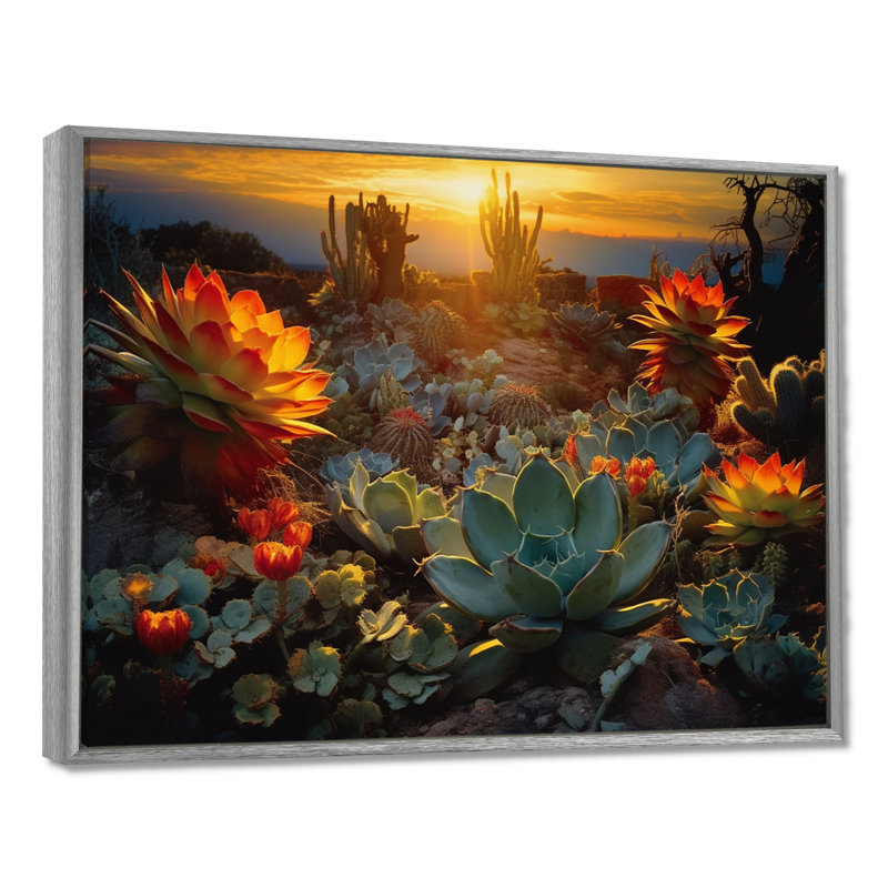 Succulent Desert Cactus Field Burning Sunset - Succulent Wall Art, H 24 po x l 32 po, Reproduction avec cadre flottant