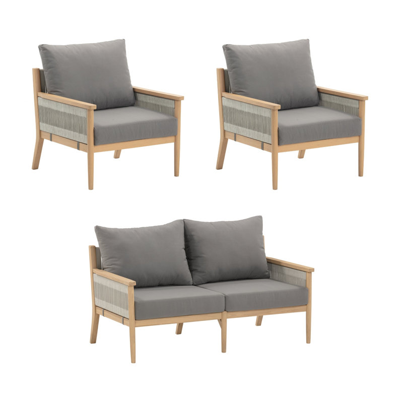 Ensemble de conversation de patio 3 pièces avec cadre en bois d'acacia massif, Gris