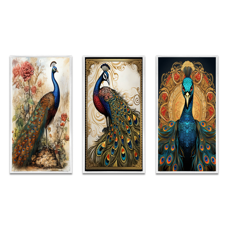 "Illustration rétro du paon Glorious" 3 pièces, H 32 po x l 48 po, Cadre blanc