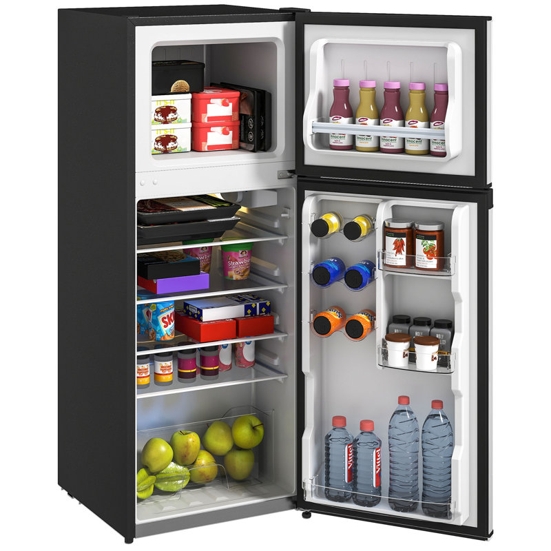 4 Cu.Ft Mini Fridge with Freezer, Double Door Compact Refrigerator with Adjustable Thermostat, Shelf and Reversible Door for Bedroom, Dorm, Home Office, Energy Efficient