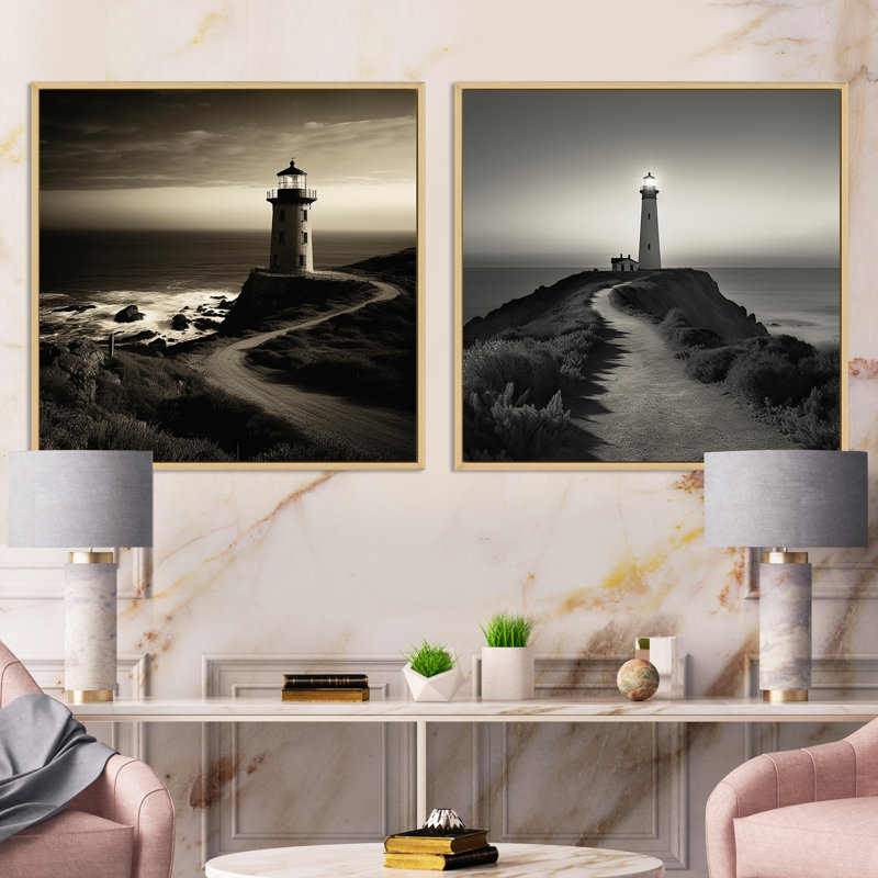 Phare noir et blanc Panorama, Cadre flottant brun, 36" H x 73" W