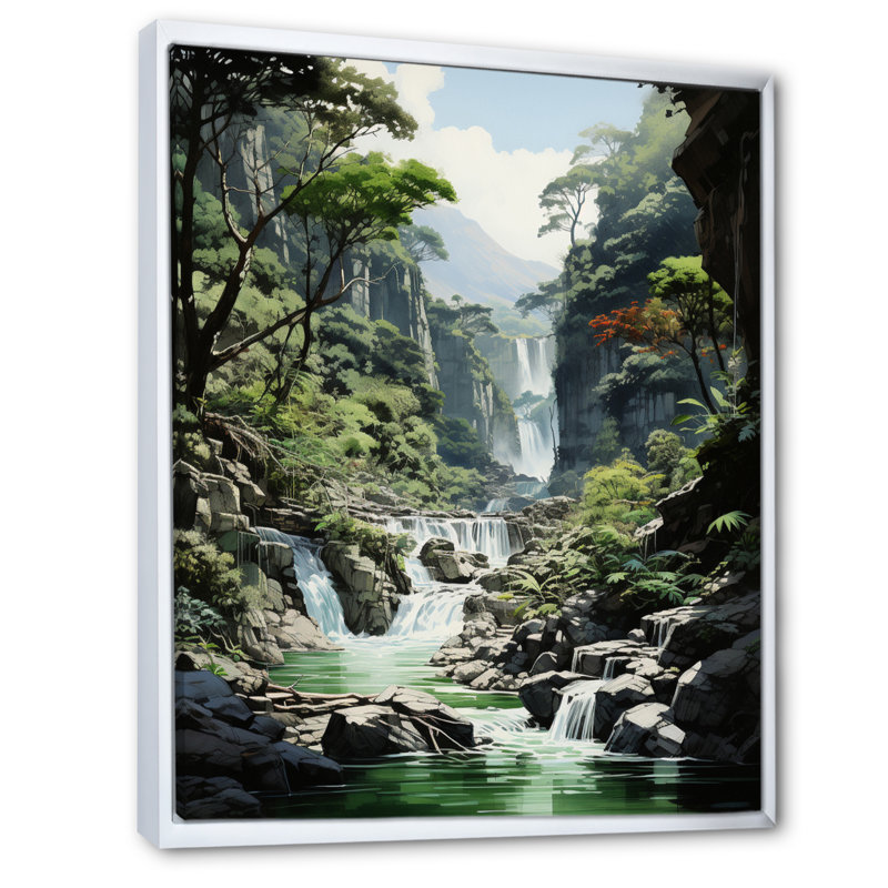 Chute d'eau sur toile, impression de paysage de la jungle du Vietnam - Vietnam Waterfall Wonder I, Cadre flottant blanc