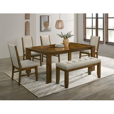 Ensemble de salle à manger rectangulaire traditionnel 6 pièces en bois massif brun avec sièges rembourrés en tissu, dimensions 40 x 70,9 x 30 pouces.