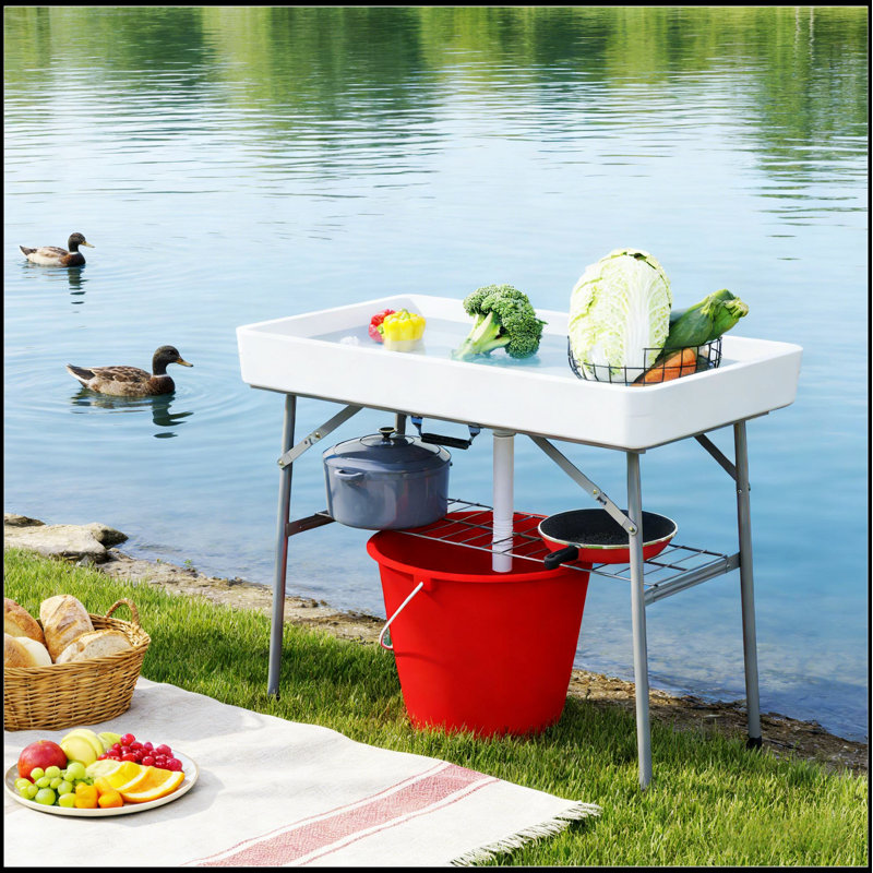 Table portative pliable pour refroidisseur de glace avec drain intégré et tablette de rangement supplémentaire pour boissons