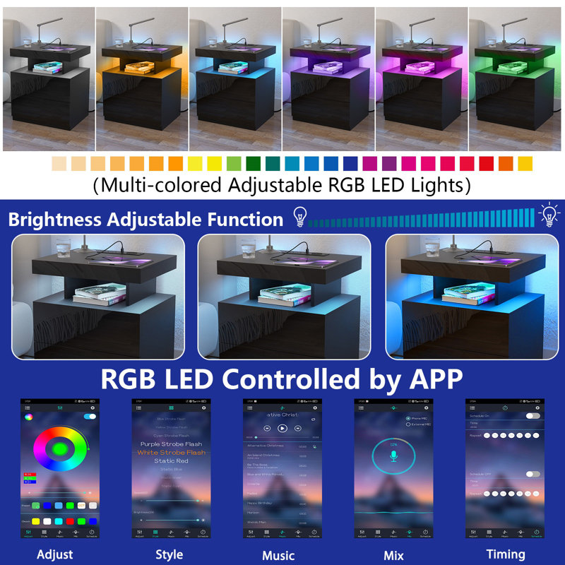 Chappa Manufactured Wood Nightstand with Wireless Charging Station, LED Light and 2 Drawers, Black