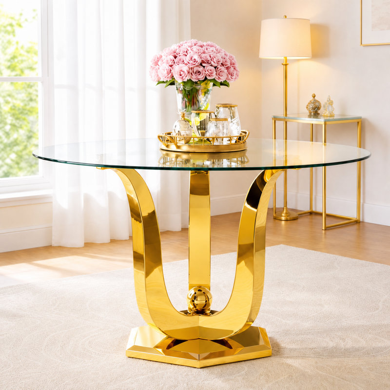 47.2" Round Glass Dining Table, Modern Clear Kitchen table, 0.31" Thick Tempered Glass Tabletop with Gloss Stainless Steel, for Dining & kitchen and Small Space