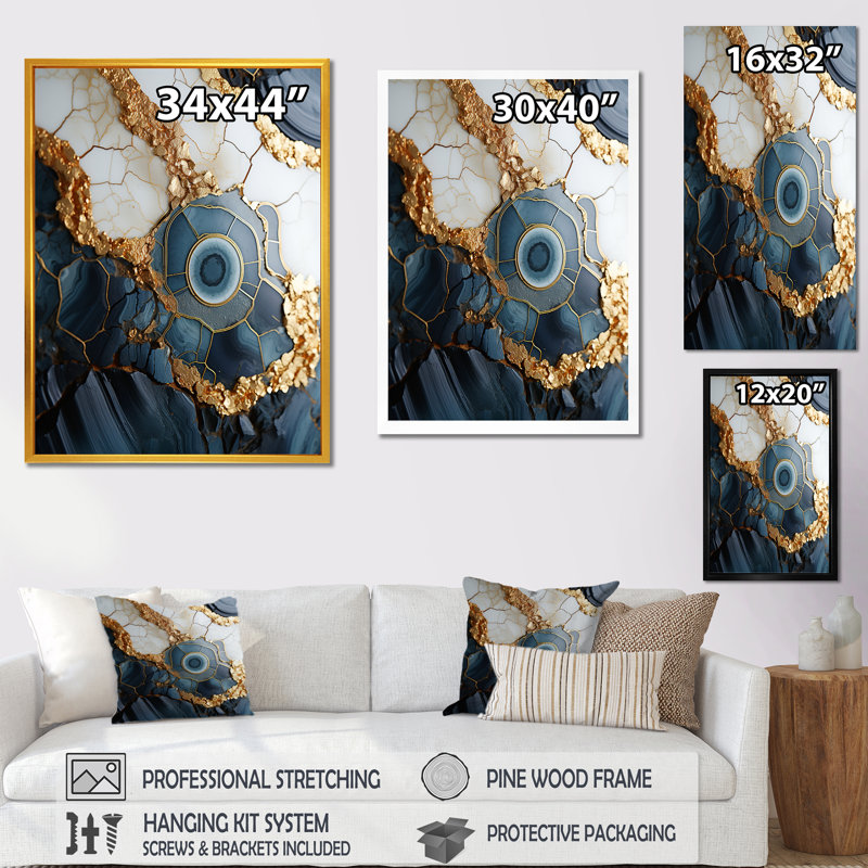 Art mural doré et bleu Geode IV - encre liquide abstraite, Toile tendue, H 44 po x l 34 po x P 1,5 po