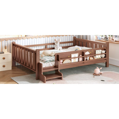 Floor Bed With Storage Bookcases, Solid Wood Kids Floor Bed With Cute Stairs And Guardrails, No Box Spring Needed, Natural