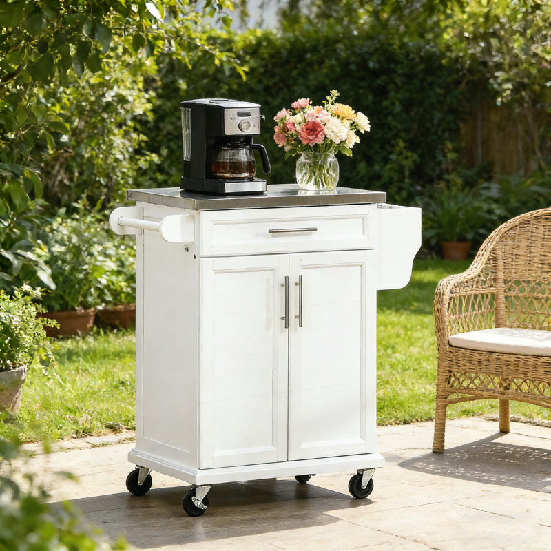 Rolling Kitchen Island with Stainless Steel Top, Storage Drawer, Spice Rack, and Towel Holder for Efficient Food Prep and Organization.