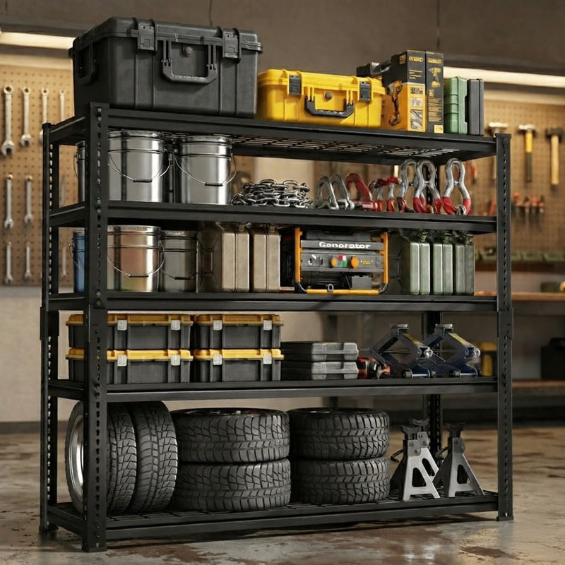 Heavy-Duty 5-Tier Metal Garage Storage Rack, Adjustable Shelving Unit, 48" W x 18" D x 72" H, Black, 72" H x 48" W x 18" D