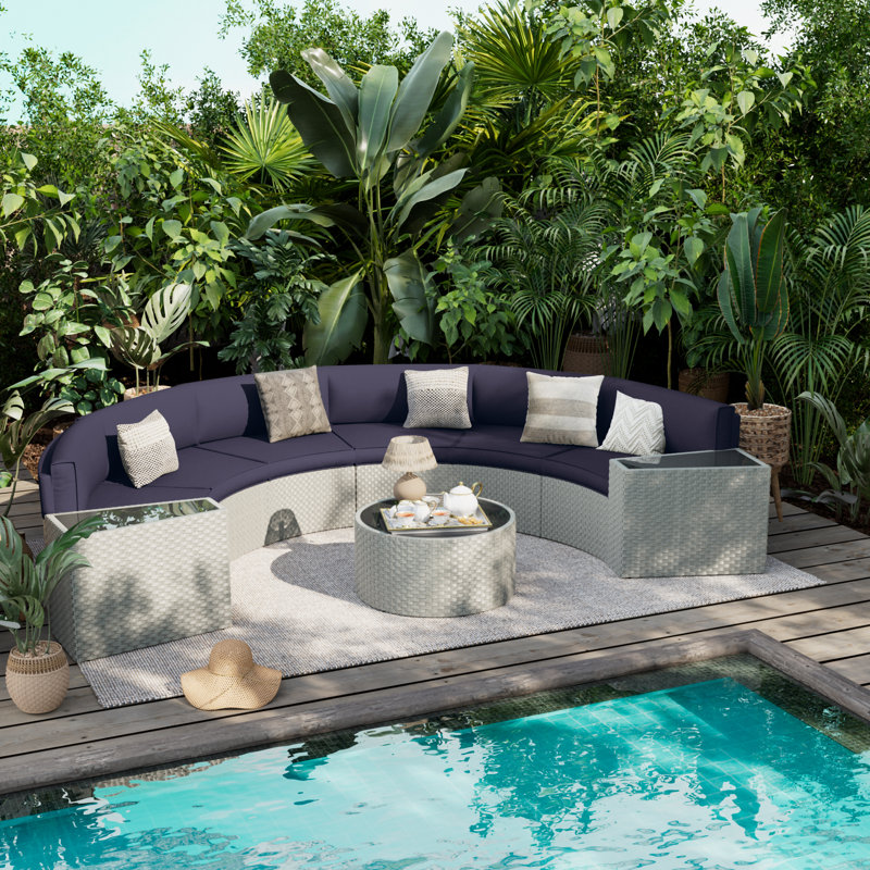 Meredithe Half-Moon 6 - Person Fully Assembled Curved Patio Conversation Set With Coffee Table & Side Table, Navy