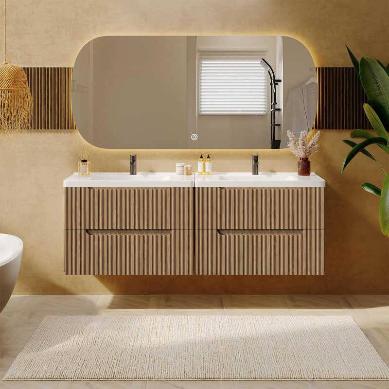 Meuble-lavabo flottant 30 po avec lavabo | Armoire murale moderne avec tiroirs à fermeture en douceur, grand rangement en noyer | Conception peu encombrante
