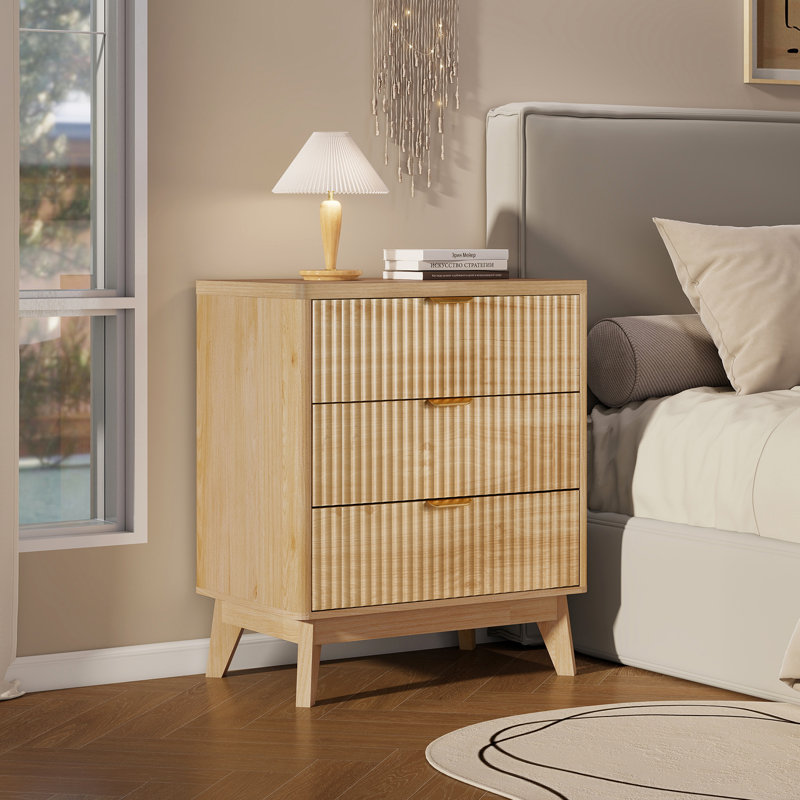 Rhythm Wood Nightstand with 3 Drawers,Tall Modern Night Stand, Fluted Bedside Table for Bedroom, 23.6"W x 15.8"D x 28.3"H, Nature