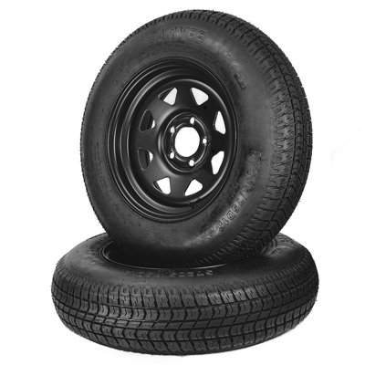 Ensemble de 2 pneus de remorque ST205 / 75D15 et jantes noires de 15 po - Plage de charge C (6PR) - 5 crochets sur PCD de 4,5 po (114,3 mm) - Résistant aux intempéries - pour bateau et remorques utilitaires - Moyeu de roue: 114,3 * 5, Trou central: 81, 