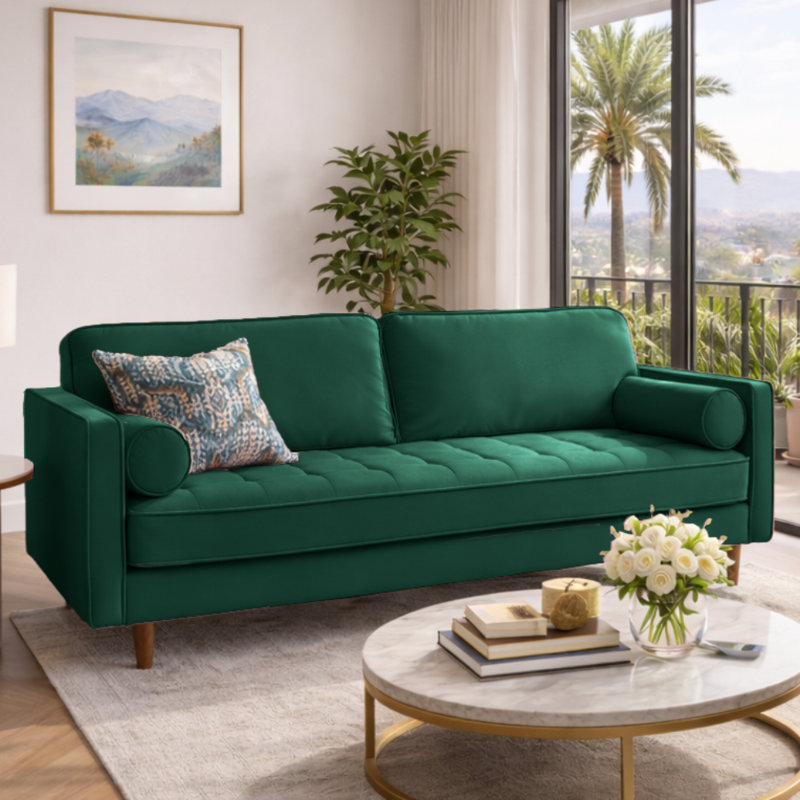 Alden 70" Square Arm Velvet Sofa, Green