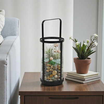 Vortial Black Metal Banded Ridged Glass Lantern