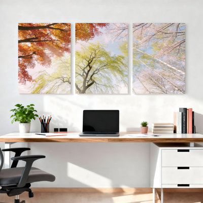 Automne, arbre, réflexion, paysage, toile tendue, reproduction d'art sur toile, ensemble de 3, pour salon, chambre à coucher, décoration intérieure