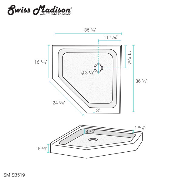 Swiss Madison Voltaire 36 x 36 Neo-Angle Single Threshold Shower Base