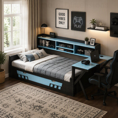 Cadre de lit de jeu avec bureau, rangement, éclairage DEL et borne de recharge pour chambres modernes