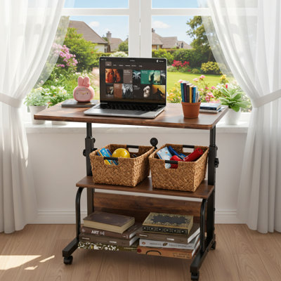 31.4-Inch Brown Portable Mobile Desk With Wheels, Height Adjustable, Designed For Small Spaces, And Includes Storage Shelves