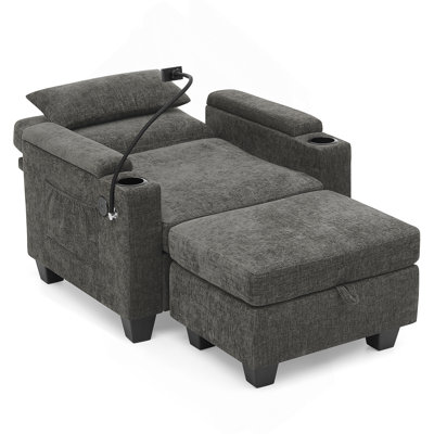 Single Sofa Recliner With Manually Adjustable Backrest, USB Charging Port On The Armrest Side, Phone Stand Included, Hidden Armrest Storage, And A Matching Storage Ottoman-Gray