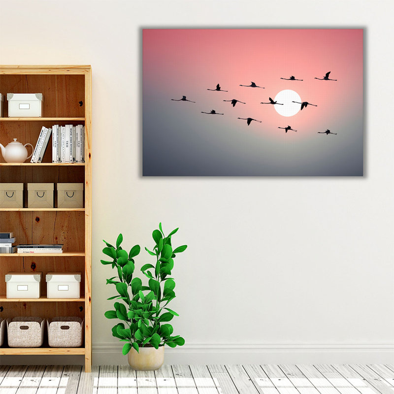 Vol de flamants roses volant dans le ciel pendant le coucher du soleil - reproduction d'art sur toile, H 40 po x l 60 po