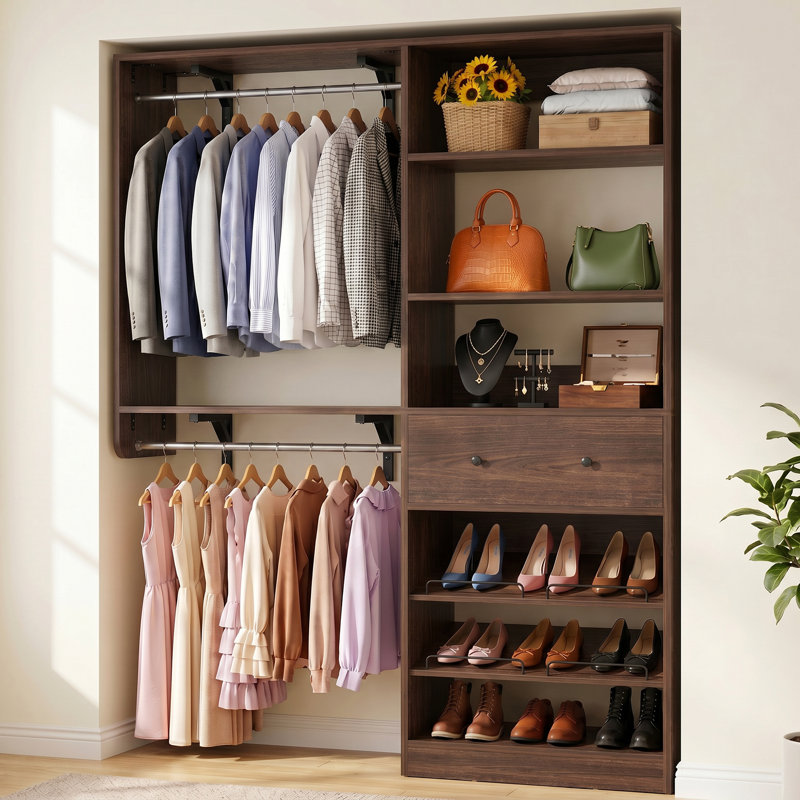 Riobe 28.3'' - 59.8'' W Closet System with Wooden Drawer and Hanging Rods(Cut to Fit), Black Walnut