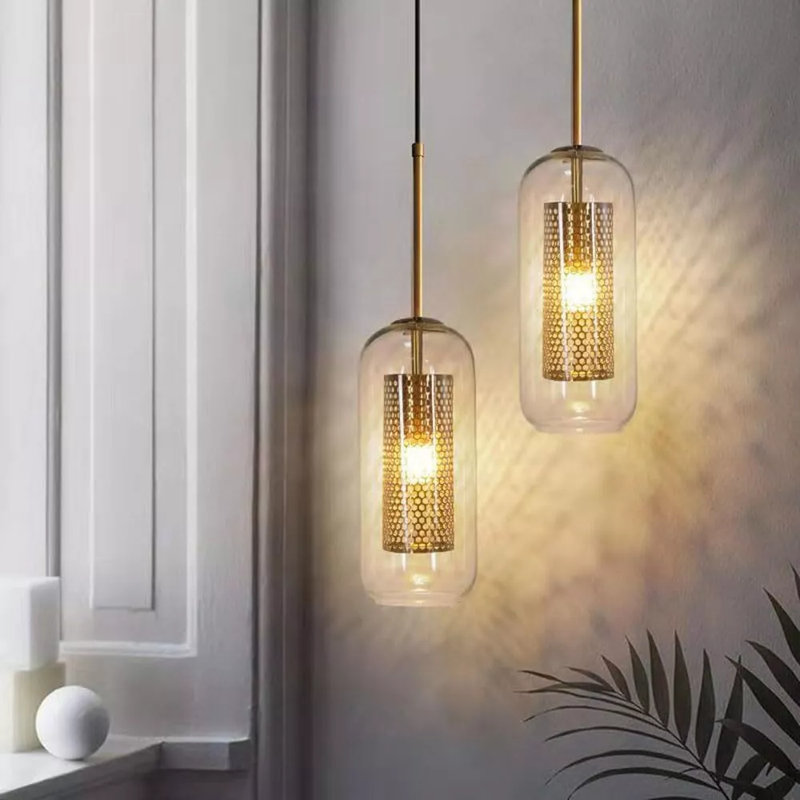 Ribbed Glass Pendant Light - Metal Mesh and Glass Tube Lantern Design
