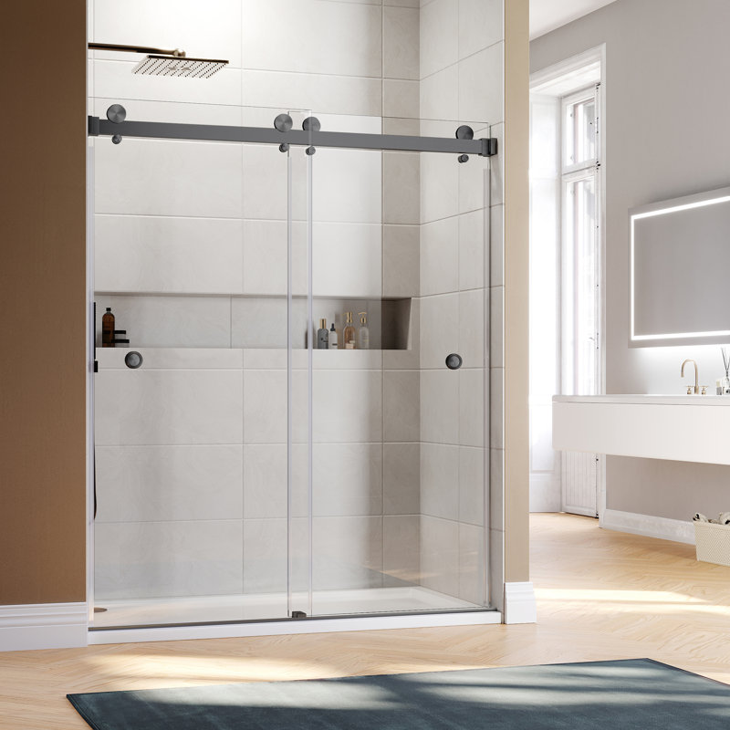 Royal 56 to 58 in. x 80 in. H Frameless  Double Sliding Shower Door with Two Finger Pulls in Space Gray and 3/8 in. (10mm) Clear Glass