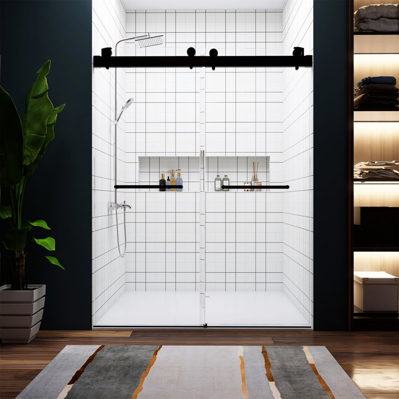 Douche coulissante double sans cadre, largeur de 57 po à 60 po, hauteur de 79 po, verre trempé transparent de 3/8 po (10 mm), conçue pour une fermeture en douceur de la porte grâce à la technologie améliorée du système de protection contre les cho