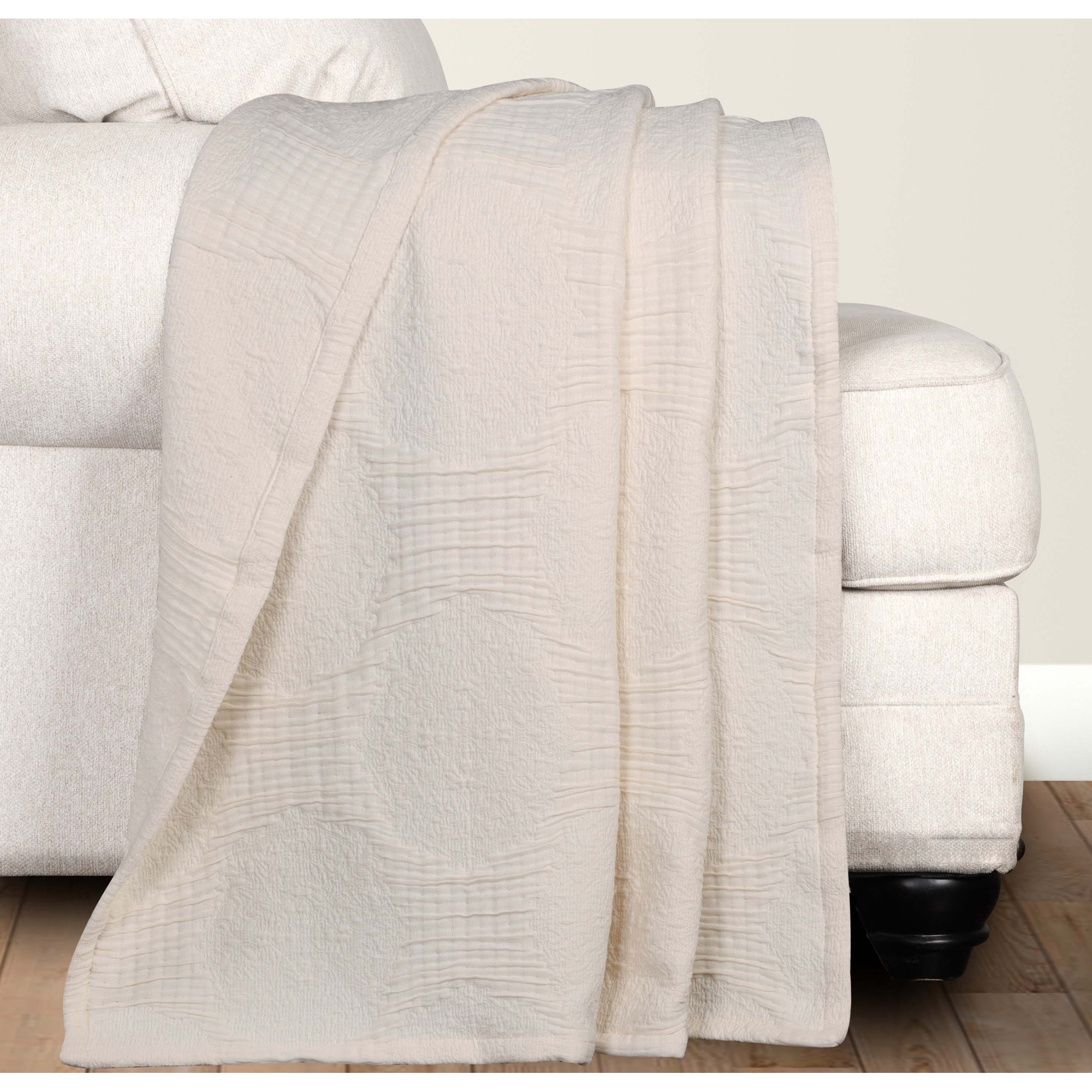 Tanta Cotton Medium Weight Textured Modern Circles Woven Coverlet, Throw Coverlet, Ivory
