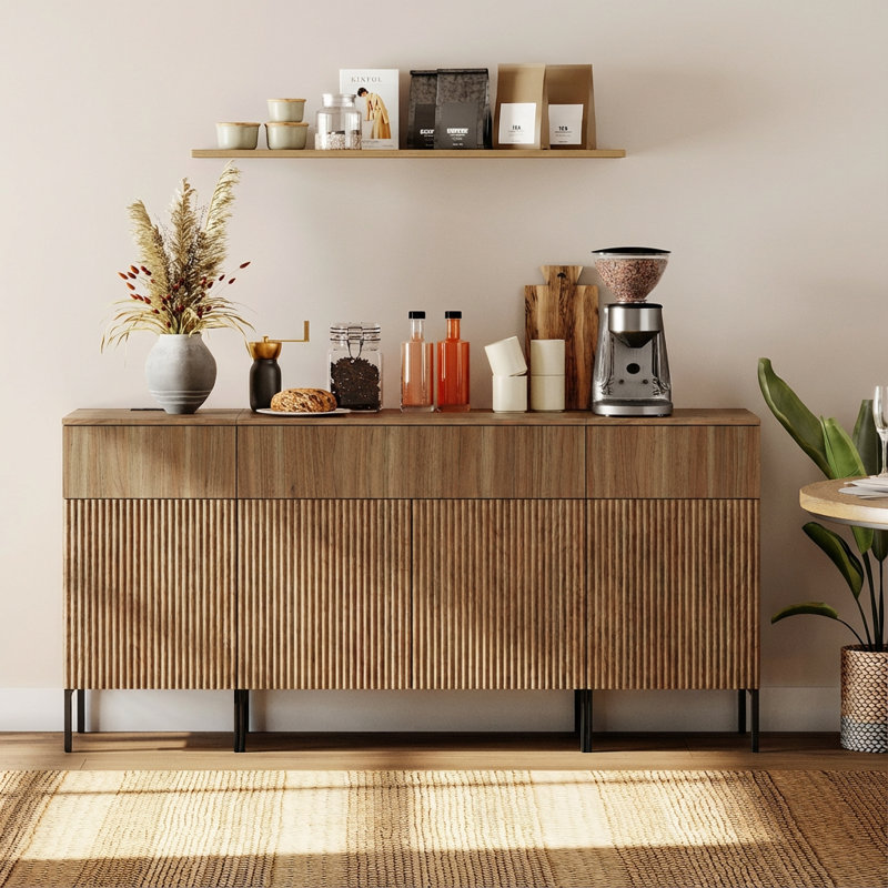 63" Wooden Reeded Sideboard With Doors And Drawers, 3-In-1 Modern Credenza With Charging Station For Kitchen, Dining Room