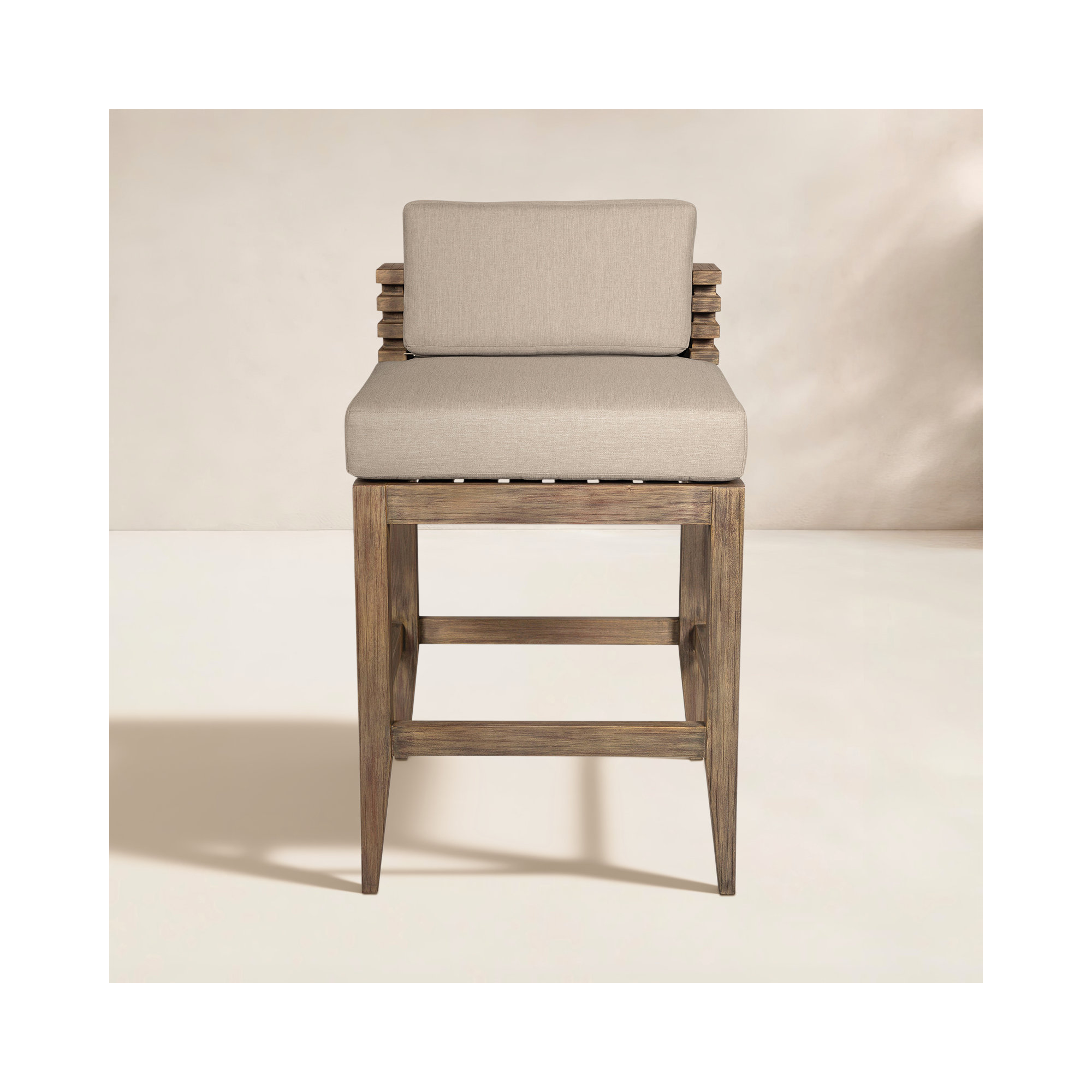 Aerilyn Wood Outdoor Bar Stool with Cushion, Taupe Performance, Light Brown, 27.50" H