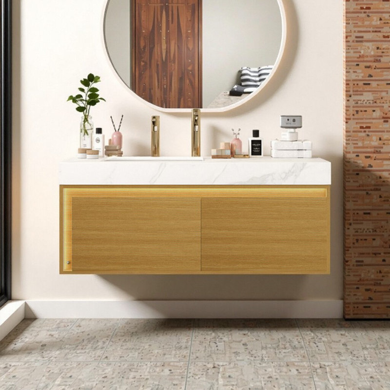 Meuble-lavabo flottant 48 po avec capteur de lumière - Grille ultra-mince élégante et meuble-lavabo pré-assemblé