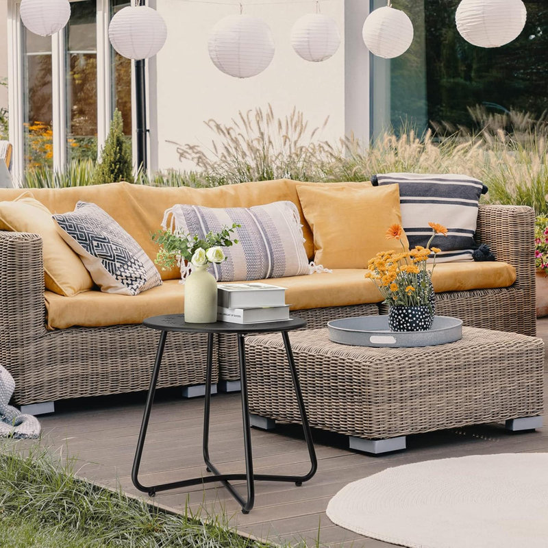2 Outdoor Side Tables With Flower Cut Outs, Weather Resistant Steel Patio Side Table,  Round Outdoor End Table Metal Side Table For Patio Yard Balcony Garden